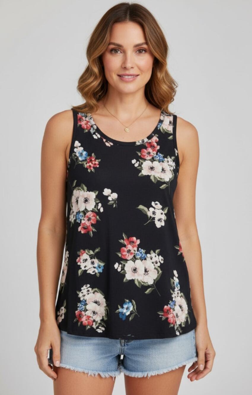 J. JILL WEAREVER SHELL FLORAL PRINT TANK TOP STRETCH BLACK WHITE PINK SIZE LARGE